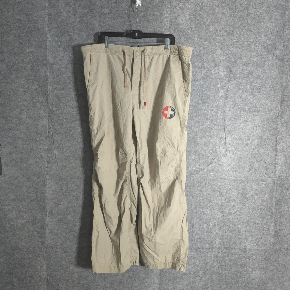 PLUGG Cargo Jogger Pants Mens Large Beige Drawstring Elastic Waist Logo Patch